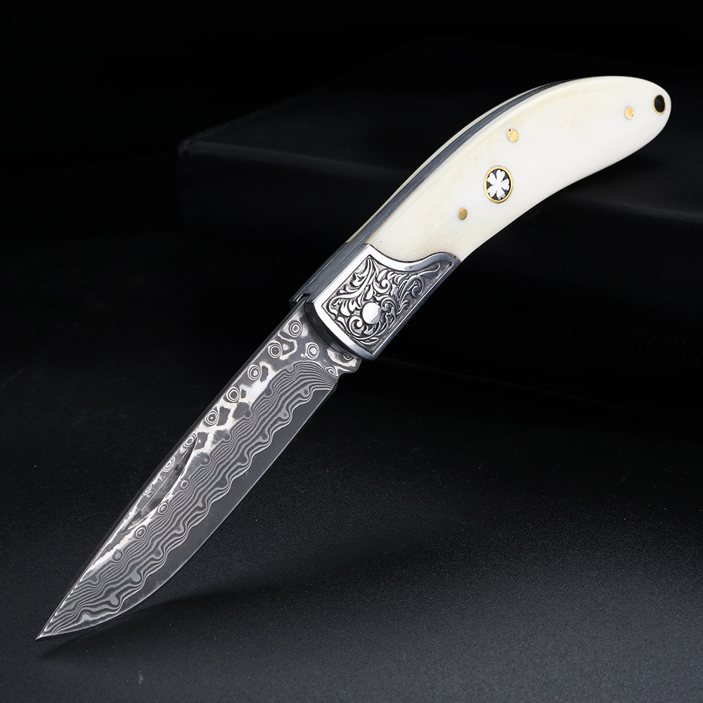 Bone Folder Tool - Faca Dobrável de Aço Damasco Bull